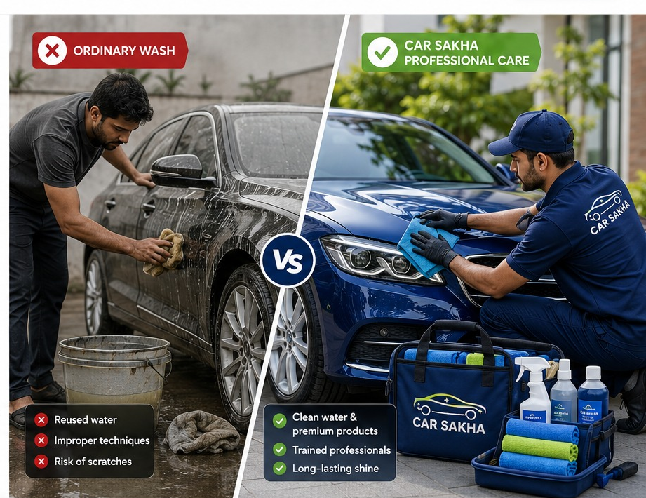 Professional CarSakha detailer cleaning a luxury sedan at a residence