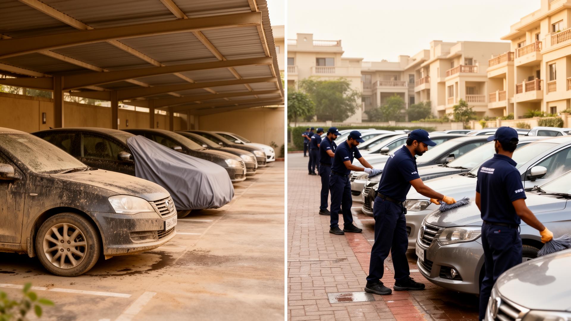 Dusty unattended cars vs CarSakha team servicing multiple cars together